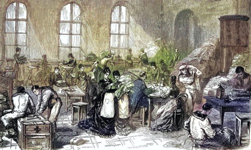 Ladies of the St Petersburg aristocracy preparing bandages and suture thread for the armies in the