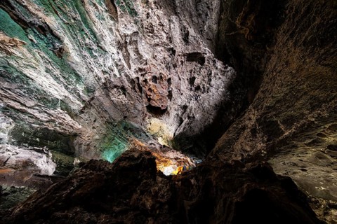 Underground cave formed by lava flow, illuminated lava cave, Cueva de los Verdes, Lanzarote, Canary