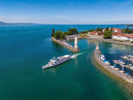 Aerial view of the island of Lindau in Lake Constance with the lighthouse, the Bavarian lions and