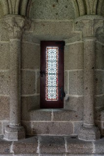Stained glass windows in the cloister in the medieval Mont Saint Michel Abbey, Pontorson, Manche