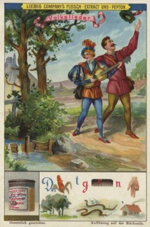 Picture series Search game puzzles, rebus, folk songs, hiking is the miller's pleasure. Two hikers