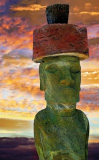 Moai statue with hat on Rano Raraku, Easter Island, sunset, Chile