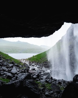 Cave view of Fossa Waterfall, Faroe Islands