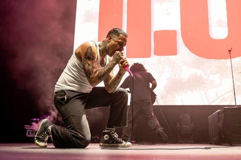 Bass player Skyler Acord from the US post-hardcore band Letlive on the Orbit Stage during the Rock