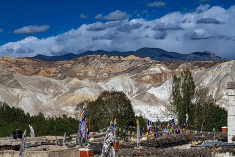 Multicolor mountain landscape, erosion landscape near Lo Manthang, Mustang, Upper Mustang,