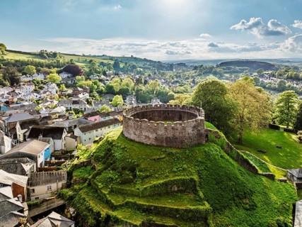 Totnes Castle from a drone, Totnes, River Dart, Devon, England, United Kingdom
