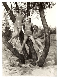 Bathing, swimwear, woman, leisure, fun, summer, Three woman in bathing suits pose laughing on a