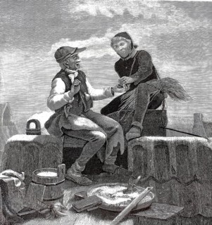 Illustration shows a chimney sweep and a mason taking a break from work on a roof. The mason offers