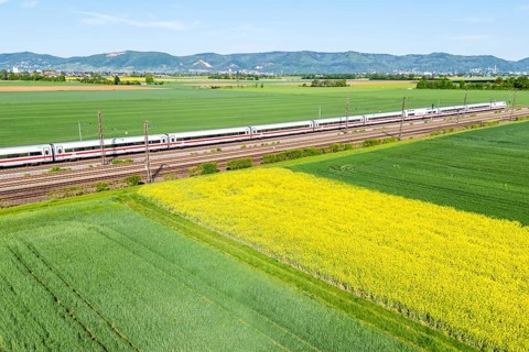 Aerial view of the ICE 1 high-speed train operated by Deutsche Bahn DB on the Mannheim—Heidelberg