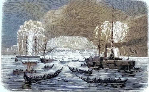 Illuminations and fireworks in the port of Constantinople, Istanbul, in honor of the visit of the
