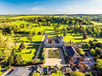 Wilton House from a drone, Wilton, River Nadder, Salisbury, Wiltshire, England, United Kingdom