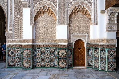 Arab, Moorish architecture with tile mosaics, Koran verses and plaster stucco ornaments in a former