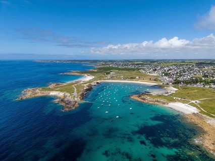 Aerial view of the sandy beaches Plage de Porspaul, center, Plage Porsguen left and Plage de