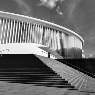 Staircase, white Philharmonic Luxembourg, monochrome, architect Christian de Portzamparc, modern
