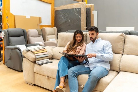 Couple sitting on a sofa in a furniture showroom, looking at fabric samples and making decisions