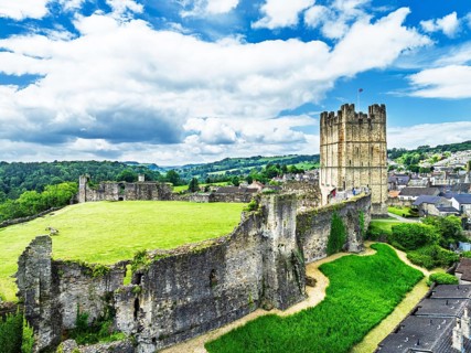 Richmond Castle from a drone, Richmond, Yorkshire Dales, North Yorkshire, England, United Kingdom