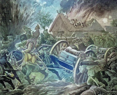 Scene of Russian mounted artillery in use on the Eastern Front during World War I. It shows the
