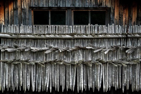 Huinzen, dry sticks hang from a wooden barn, woodshed, near Oberstdorf, Oberallgäu, Allgäu,