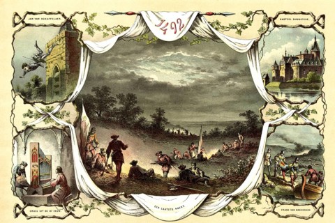 Events around the year 1492. Main image shows soldiers in a field camp under a cloudy night sky. At