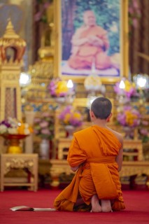 A monk meditating, Ubosot (ordination hall), Wat Chana Songkhram, Bangkok, Thailand
