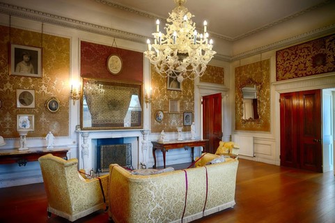 Interior view of the drawing room, chandelier, Trelissick House and Gardens, House and Gardens,