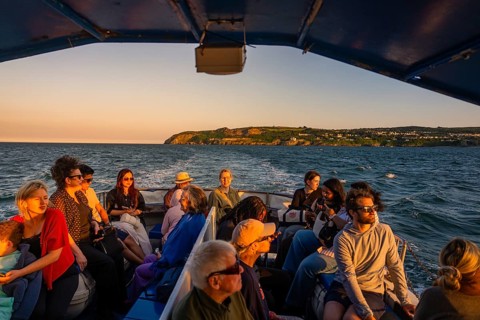 Passengers enjoy sunset cruise surrounded by gently gliding water, Howth, Ireland