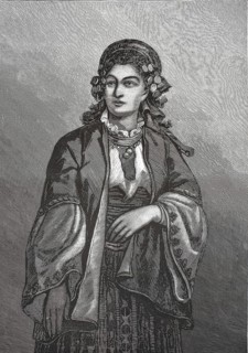 Wood engraving of a Bulgarian woman in traditional traditional costume from the late 19th century,