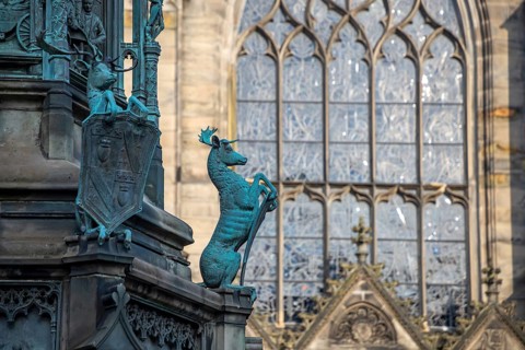 Red deer sculptures on statue of Walter Francis Montagu Douglas Scott, 5th Duke of Buccleuch in the