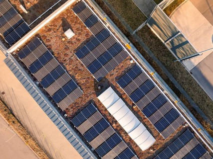 Detailed image of solar modules installed on a building roof, Bauhof, Nufringen, Germany