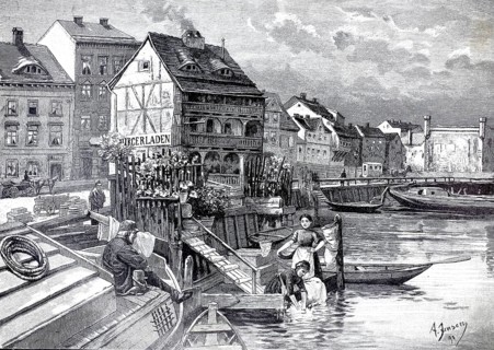 Illustration shows an old Berlin half-timbered house built on piles on the fishing bridge near the