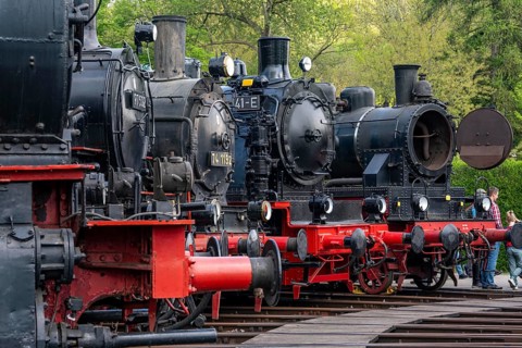 Ring locomotive shed with many historic steam locomotives in the Bochum Railway Museum, museum days
