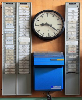 Office scene around 1972, lost place, abandoned location, historic time recording system from the
