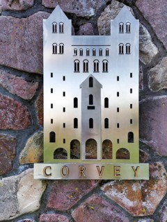 Metal sign with lettering, showing the historic Carolingian Westwork by Corvey, reconstruction,