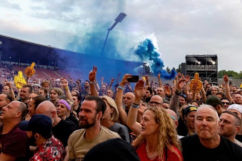 Fans set off pyrotechnics at the BROILERS concert at the 2026 Open Airs at Auestadion Kassel on 18