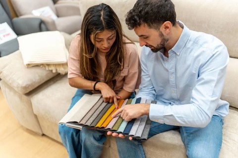 Young couple on a showroom sofa comparing large fabric swatches and color samples, selecting