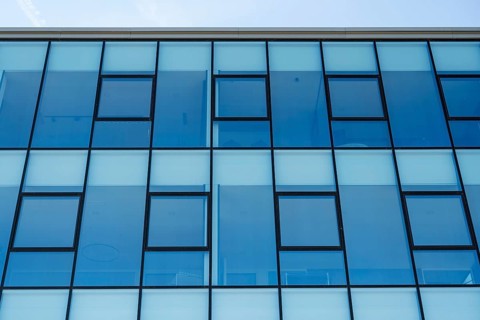 Modern commercial building on Lake Phoenix, glass façade, detail, Hörde, Dortmund, Ruhr area, North