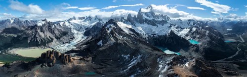 Aerial view, epic panorama, large glaciers, glacial lakes Lago de los Tres Laguna Sucia and Laguna