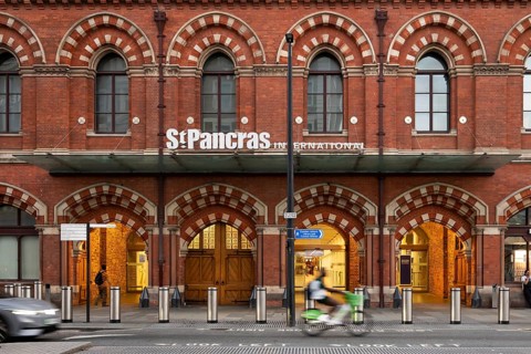 St Pancras International railway station façade, Victorian architecture, Borough of Camden, London,