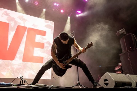 Guitarist Jeff Sahyoun from the US post-hardcore band Letlive on the Orbit Stage during the Rock im