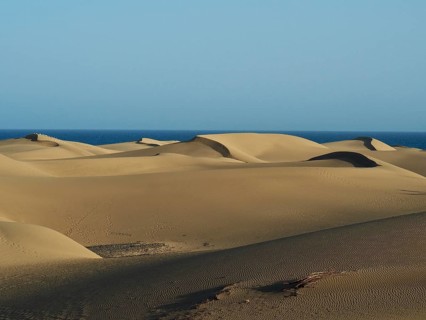 Extensive sand dune landscape under clear blue sky with peaceful atmosphere, Maspalomas Dunes, Gran
