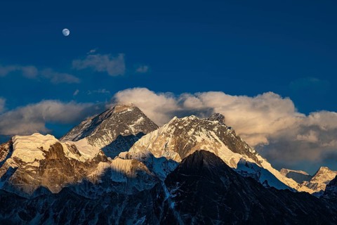 View from Renjo La Pass, 5360 m, of Mount Everest and Lhotse in the evening light, Solu Khumbu,
