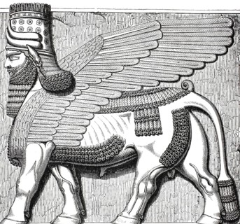 Historical illustration of a Lamassu, an Assyrian guardian deity with the head of a human, the body