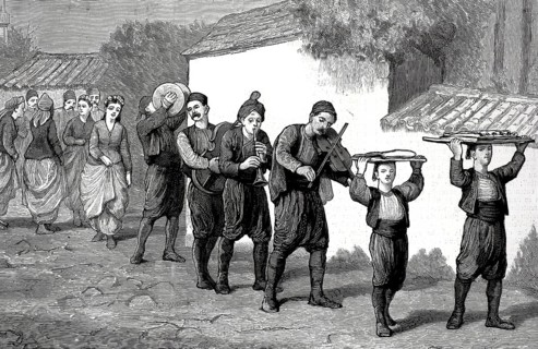 Traditional engagement procession in which musicians and bearers of gifts pass through a village