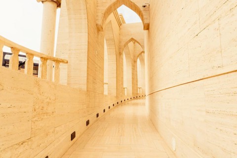 Doha, Qatar - 8th january, 2026: Arched marble walkway Katara Amphitheatre Doha Qatar. Intricate