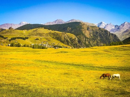 Scenic landscape view upper omalo village in Tusheti with horses beautiful nature.Georgia