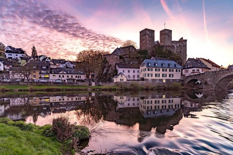 Sunset at Runkel Castle over the Lahn in Runkel, Hesse, Germany