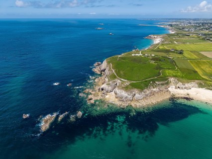 Aerial view of Pointe Corsen, a cape at the westernmost point of continental France on the Breton