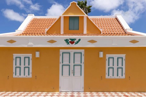 Colorful Dutch colonial style architecture facades in downtown Oranjestad Aruba