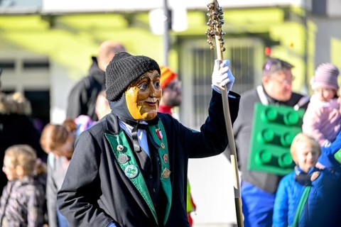 Member of a fools' guild in traditional Haes, fools' clothes, during the carnival procession in