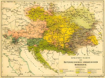 Language map of the Austro-Hungarian Empire, color map with scale, Czech Poland, German Slovaks,